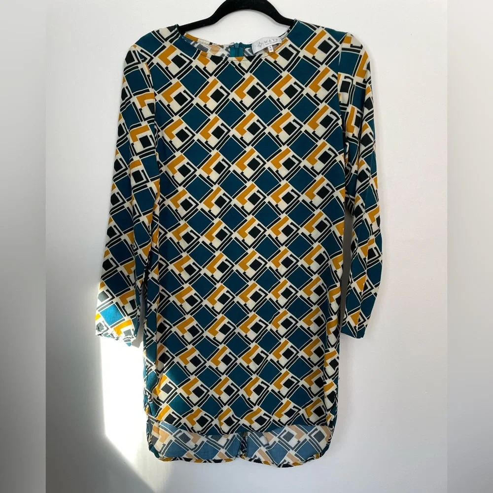 WAYF Long Sleeve Midi Tunic Dress Unlined‎ Gold Turquoise Geometric Pattern